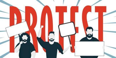 Protest banner. Men protest with banners. Strike concept. Flat style, vector. vector