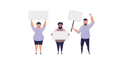 Group of Men with a blank banner. Cartoon style. Vector illustration.