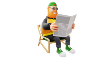 3D-Darstellung. reicher dicker mann 3d-zeichentrickfigur. gutaussehender mann sitzt entspannt. kluger dicker mann liest zeitung. stilvoller Mann, der gerne liest. 3D-Zeichentrickfigur png