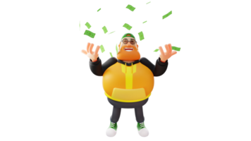 ilustración 3d personaje de dibujos animados en 3d de hombre rico y gordo. hombre elegante sonriendo felizmente. el gordo estiró los brazos. hombre rico y gordo que hace estallar un montón de dinero. personaje de dibujos animados en 3D png
