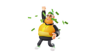 ilustração 3D. personagem de desenho animado 3d rico e gordo. o homem bonito sorriu feliz. o homem rico cerrou o punho e o ergueu. homem rico de pé entre espalhar dinheiro. personagem de desenho animado 3d png