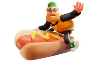 Illustration 3D. heureux gros homme personnage de dessin animé 3d. homme élégant jouant avec passion. gros homme en pose volante sur un énorme hot-dog. personnage de dessin animé 3D png