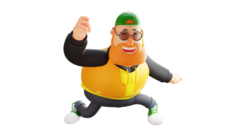 ilustración 3d animado personaje de dibujos animados en 3d de hombre gordo. hombre guapo sonriendo felizmente. el hombre elegante está bailando alegremente. gordo bailando y riendo. personaje de dibujos animados en 3D png