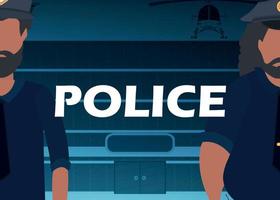 A police officer in a bulletproof vest in front of a police station. Square banner. Cartoon style. vector