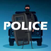 A policeman in a bulletproof vest in front of a service car. Square poster. Cartoon style. vector