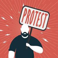 Protest concept. A man holds an empty banner in his hands. Red banner. Rally or protest concept. Cartoon style. vector