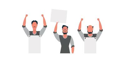 Protesting men with an empty banner. Strike concept. Cartoon style. vector