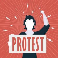 Protest concept. A man with an empty banner in his hands. Red square poster. Rally or protest concept. Cartoon style, vector illustration.