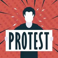 Boy with banner and text protest Pop art Flat style. Vector