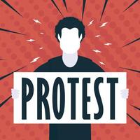Boy with banner and text protest Pop art Flat style. vector