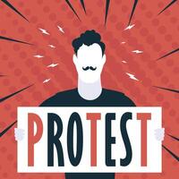 Boy with a banner in his hands and text protest Pop art Cartoon style. vector