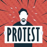 Boy with a banner in his hands and text protest Pop art Flat style. illustration. vector
