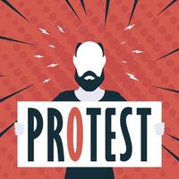 Boy with a banner in his hands and text protest Pop art Cartoon style. illustration. vector
