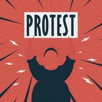 A man with a banner in his hands and text protest Pop art Cartoon style. illustration. vector