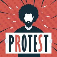 Guy with banner and protest text. Pop art. Flat style. Vector illustration.