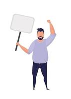 A man with an empty banner in his hands. With space for your text. Rally or protest concept. Cartoon style, vector illustration.