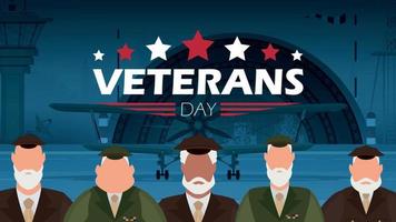 Veterans day banner with a wished man in uniform. Cartoon style. vector