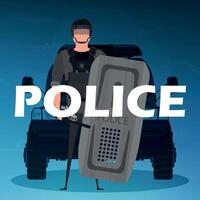 A policeman in a bulletproof vest in front of a car. Square poster. Vector illustration.