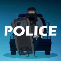 A policeman in a bulletproof vest in front of a car. Square banner. Vector illustration.