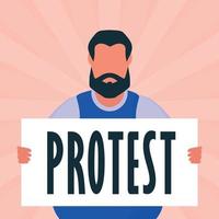 Brutal man with a banner in his hands. Protest concept. Cartoon style. vector