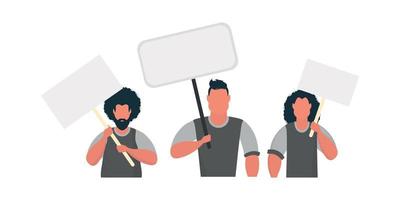 un grupo de hombres con una pancarta vacía en sus manos. con espacio para su texto. concepto de manifestación o protesta. estilo de dibujos animados vector