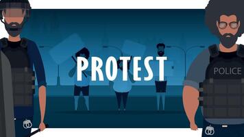 Police against the protest. A group of men with a banner in their hands against the backdrop of the city. Cartoon style. Vector illustration.