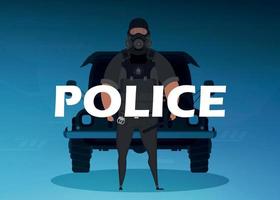 A policeman in a bulletproof vest and a mask in front of a car. Square poster. Vector illustration.