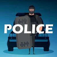 A policeman in a bulletproof vest in front of a car. Square poster. Cartoon style. vector