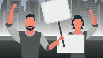 A group of men with a banner in their hands against the backdrop of the city. Protest concept. Vector. Cartoon style. vector