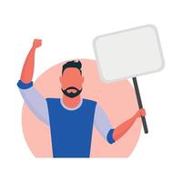 Protest concept A man holds an empty banner in his hands. With space for your text. Rally or protest concept. Vector illustration.