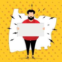 un tipo con una pancarta vacía y espacio para tu texto. estilo de dibujos animados de arte pop. ilustración vectorial vector