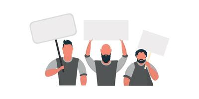 A group of Men with a blank banner in their hands isolated on a white background. Flat style. Vector