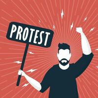 Protest concept. A man with an empty banner in his hands. Red square poster. Rally or protest concept. Vector illustration.