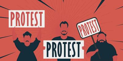 Boy with a banner in his hands and text protest Pop art Flat style. illustration. vector