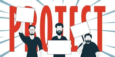 Protest banner. Men protest with banners in their hands. Strike concept. Cartoon style. vector