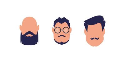 A set of three faces of guys of different types and nationalities. Isolated on white background. Vector illustration.