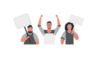 Protesting men with a banner. Strike concept. Vector illustration.