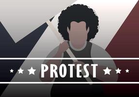 A guy with a banner in his hands on the background of the flag. Protest concept. Cartoon style. Vector illustration.