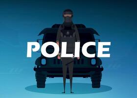 A policeman in a bulletproof vest and a mask in front of a car. Square poster. Cartoon style. vector