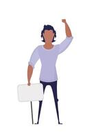 A man with an empty banner in his hands. With space for your text. Rally or protest concept. Vector illustration.