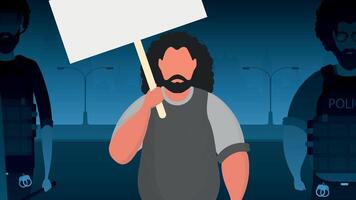 un hombre con una pancarta vacía en las manos contra el telón de fondo de la ciudad. concepto de protesta. estilo de dibujos animados ilustración vectorial vector