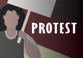 A guy with a banner in his hands on the background of the flag. Protest concept. Cartoon style. Vector illustration.