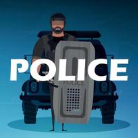 A policeman in a bulletproof vest in front of a service car. Square banner. Vector illustration.