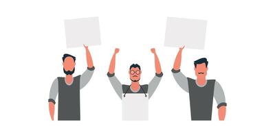 Protesting men with an empty banner. Isolated on white background. Vector illustration.