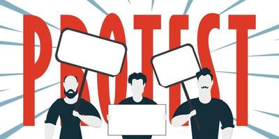 Protest banner. A group of men with banners. Strike concept. Vector illustration.