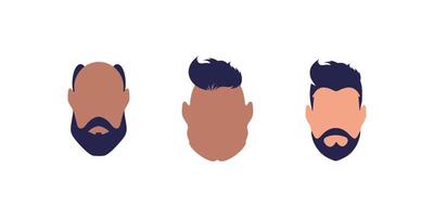 A set of three faces of men of different types and nationalities. Isolated. Vector illustration.