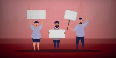 A crowd of guys with banners in their hands came out to protest. Prosky style. Vector illustration.