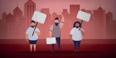 A group of men with banners in their hands are protesting. Prosky style. Vector illustration.