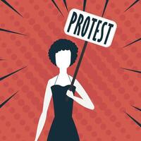 A woman is protesting with a transporter in her hands. Pop art style. Vector illustration.