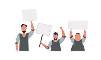 Protesting men with a banner. Isolated on white background. Flat style, vector. vector